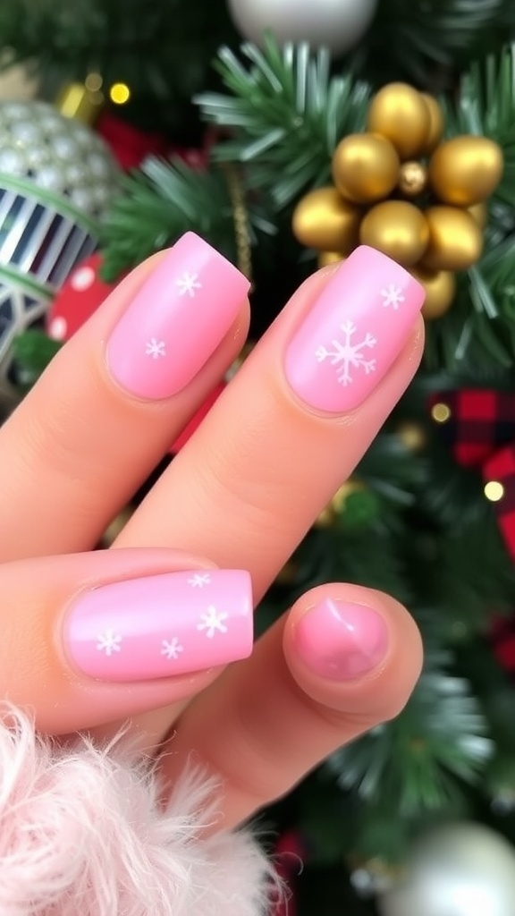 Close-up of pink Christmas nails with snowflake designs.